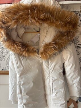 Guess Ivory Puffer Coat with Brown Faux Fur Trim Lions Mane Hood nwt